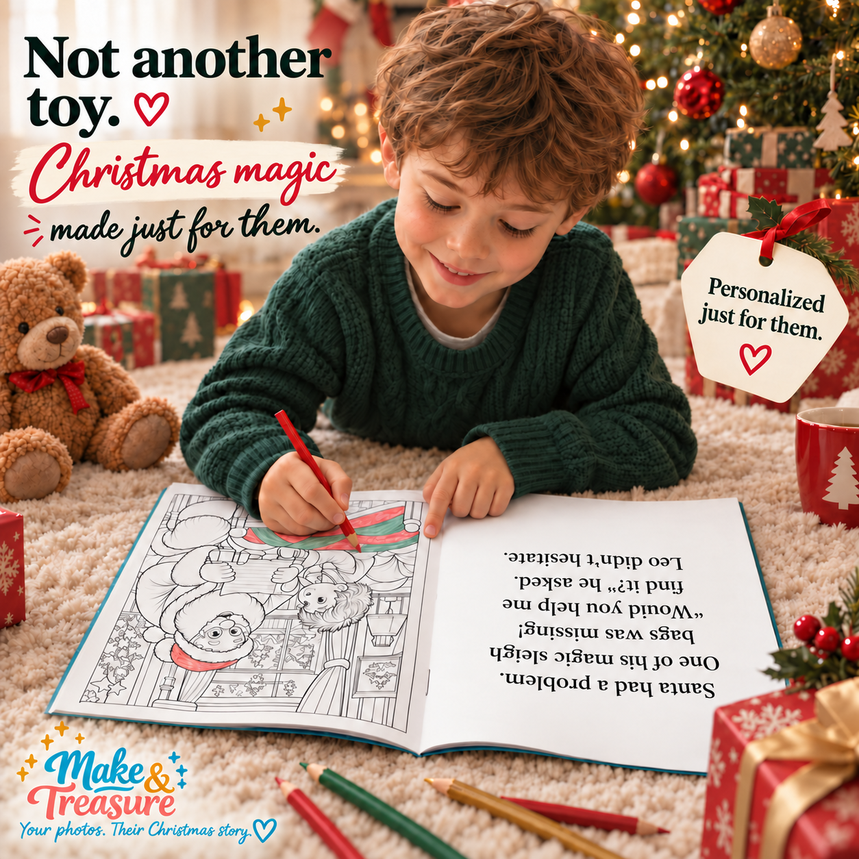 A boy coloring his personalized Santa scene beside a story about Leo helping Santa find his missing magic sleigh bag, with a Christmas tree and wrapped presents nearby. Christmas magic made just for them.