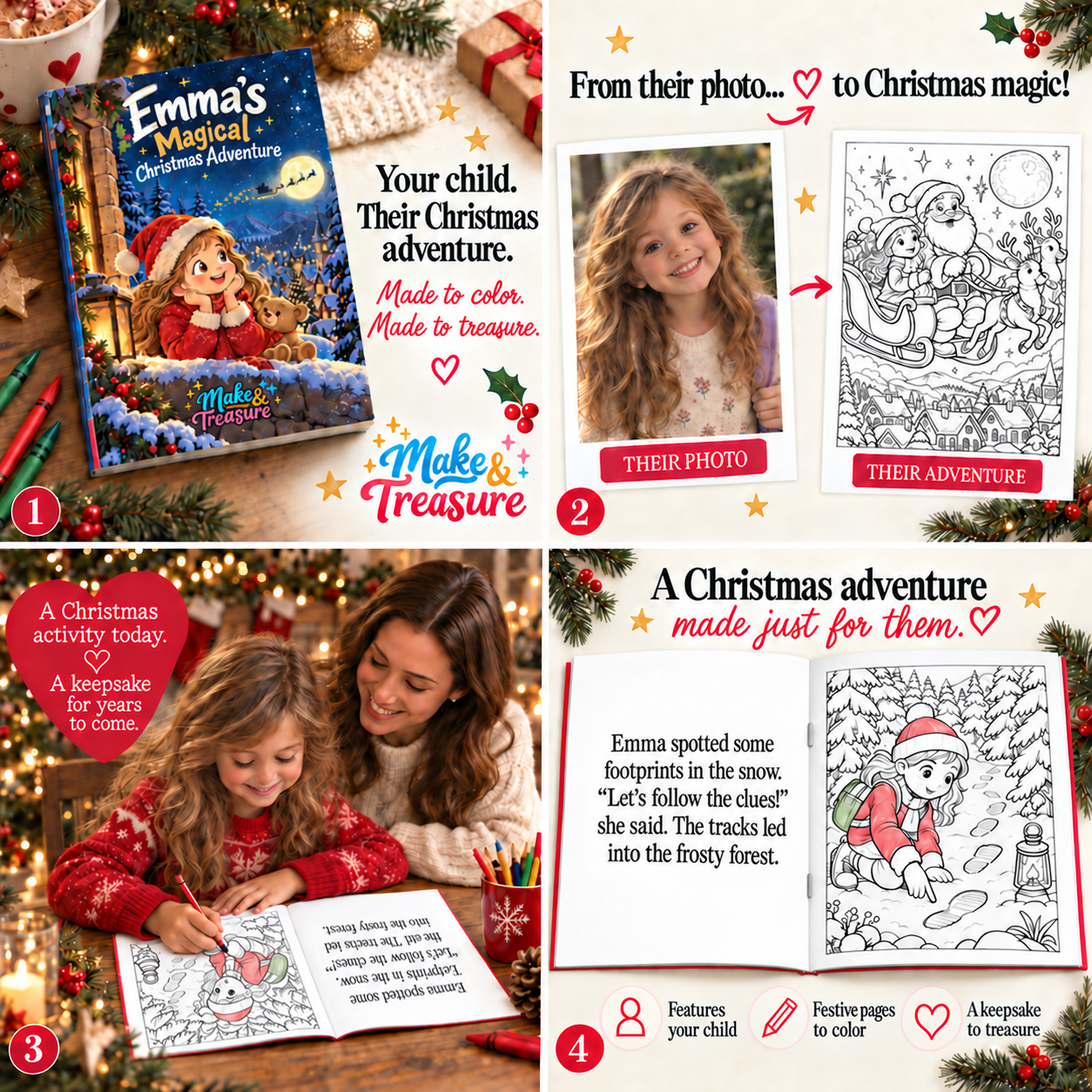 A girl's Christmas adventure: her personalized cover, photo beside a Santa coloring scene, and mother and daughter coloring festive pages together.