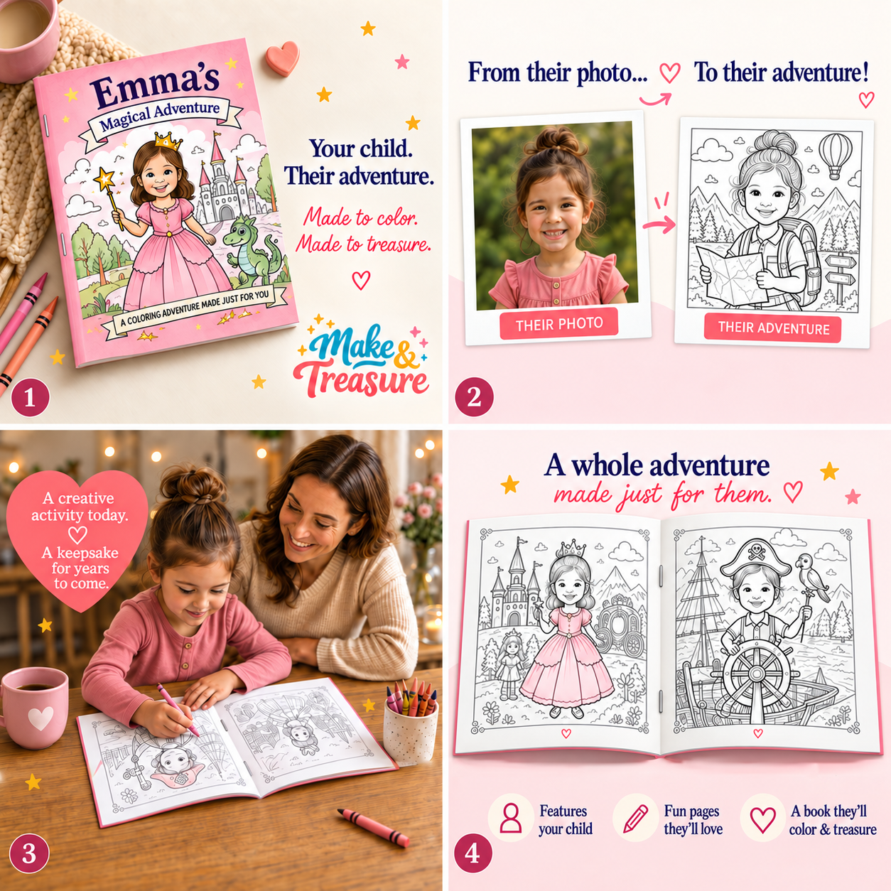 From a child's photo to a personalized adventure coloring book, with a mother and daughter coloring together.