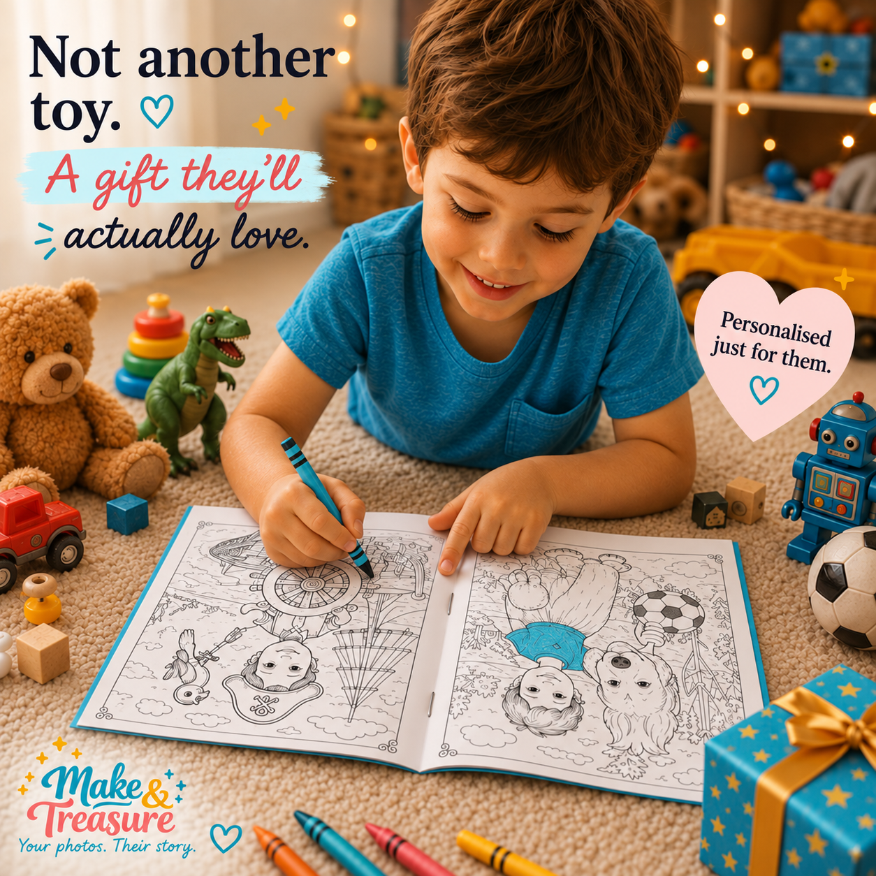 Not another toy. A gift they'll actually love: a child coloring a personalized saddle-stitched book.
