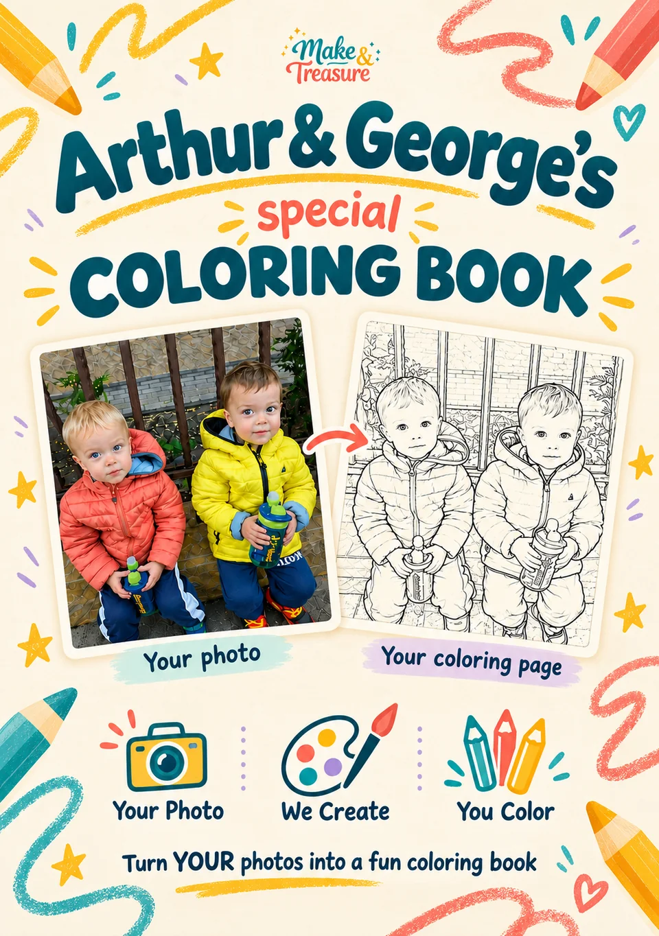 Arthur and George's modern personalized coloring book cover showing their photo and matching coloring page