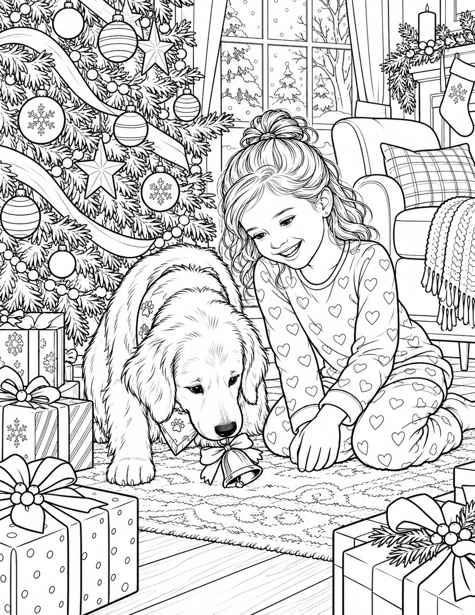 Interior coloring page: A girl and her dog discovering a bell beside the Christmas tree