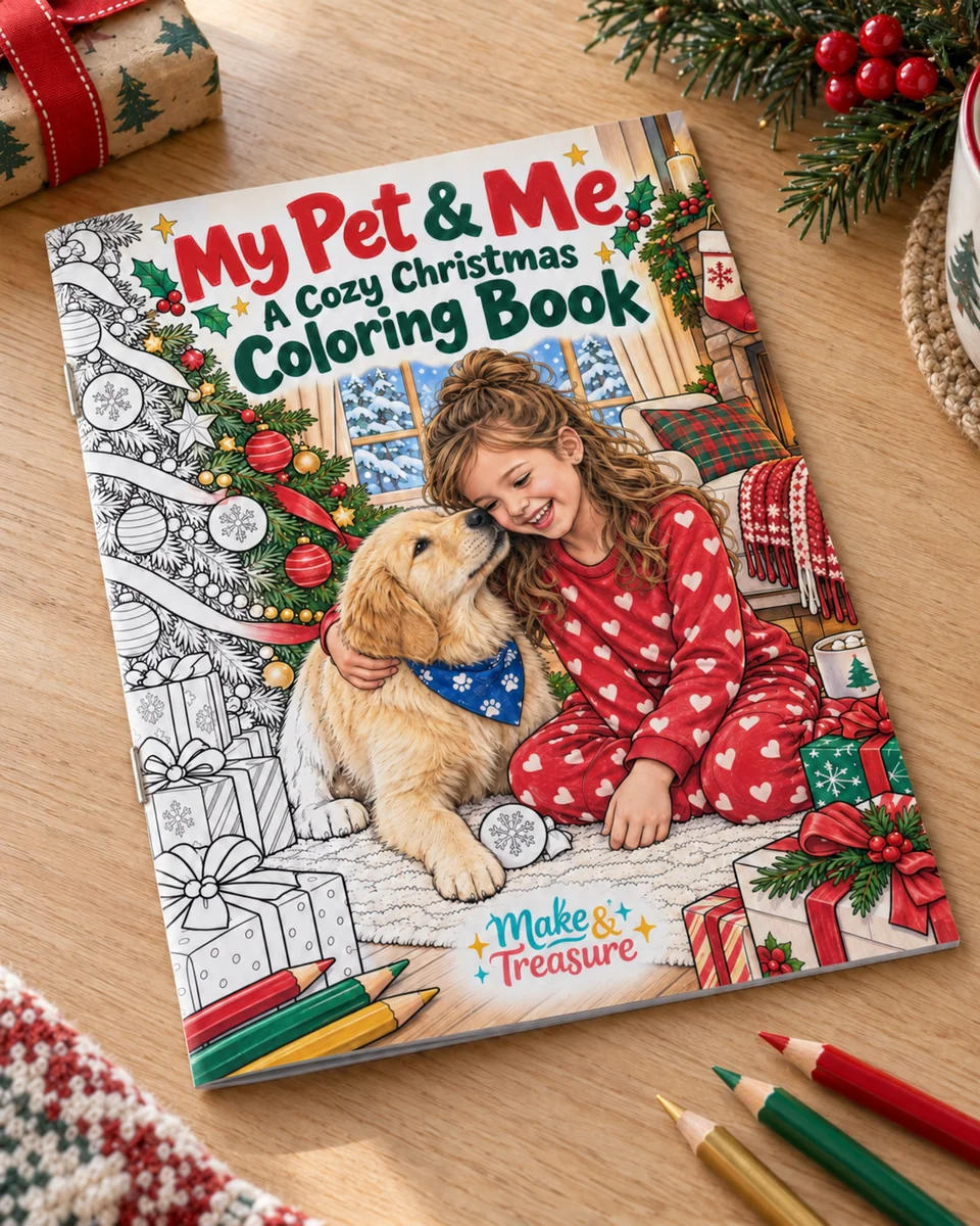 My Pet and Me: A Cozy Christmas Coloring Book, showing a girl cuddling her golden dog