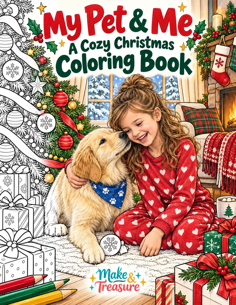 The same girl and dog illustrated together on the Cozy Christmas cover