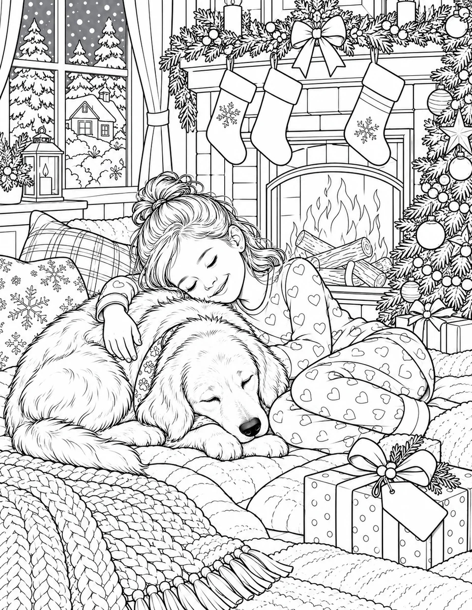 Interior coloring page: A girl and her dog curled up together beside a Christmas fireplace