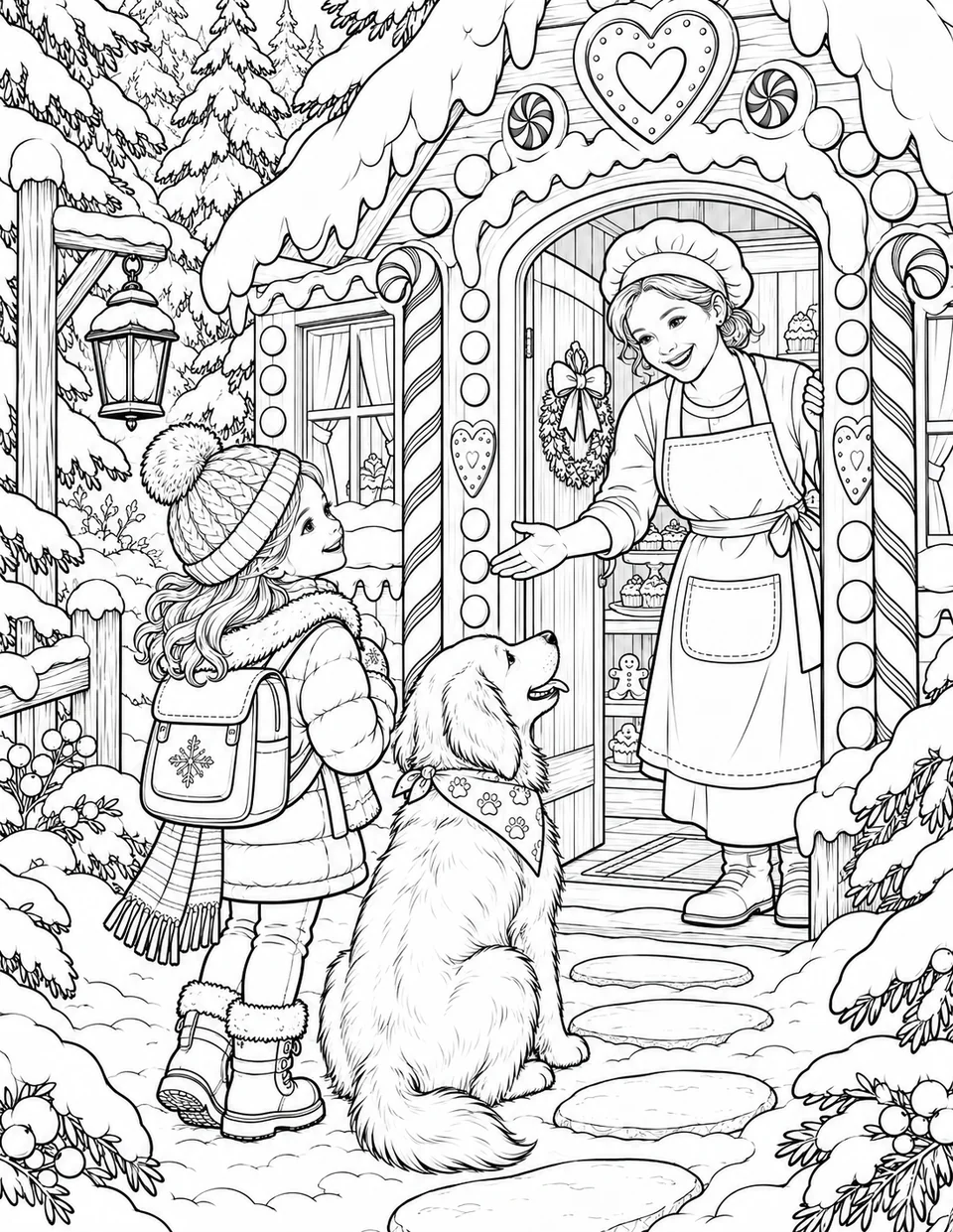 Interior coloring page: A girl and her dog visiting a baker at a snowy gingerbread cottage