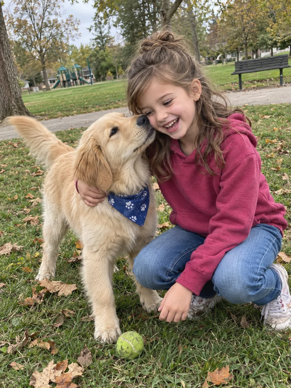 Sample reference photo of a girl with her golden dog outdoors