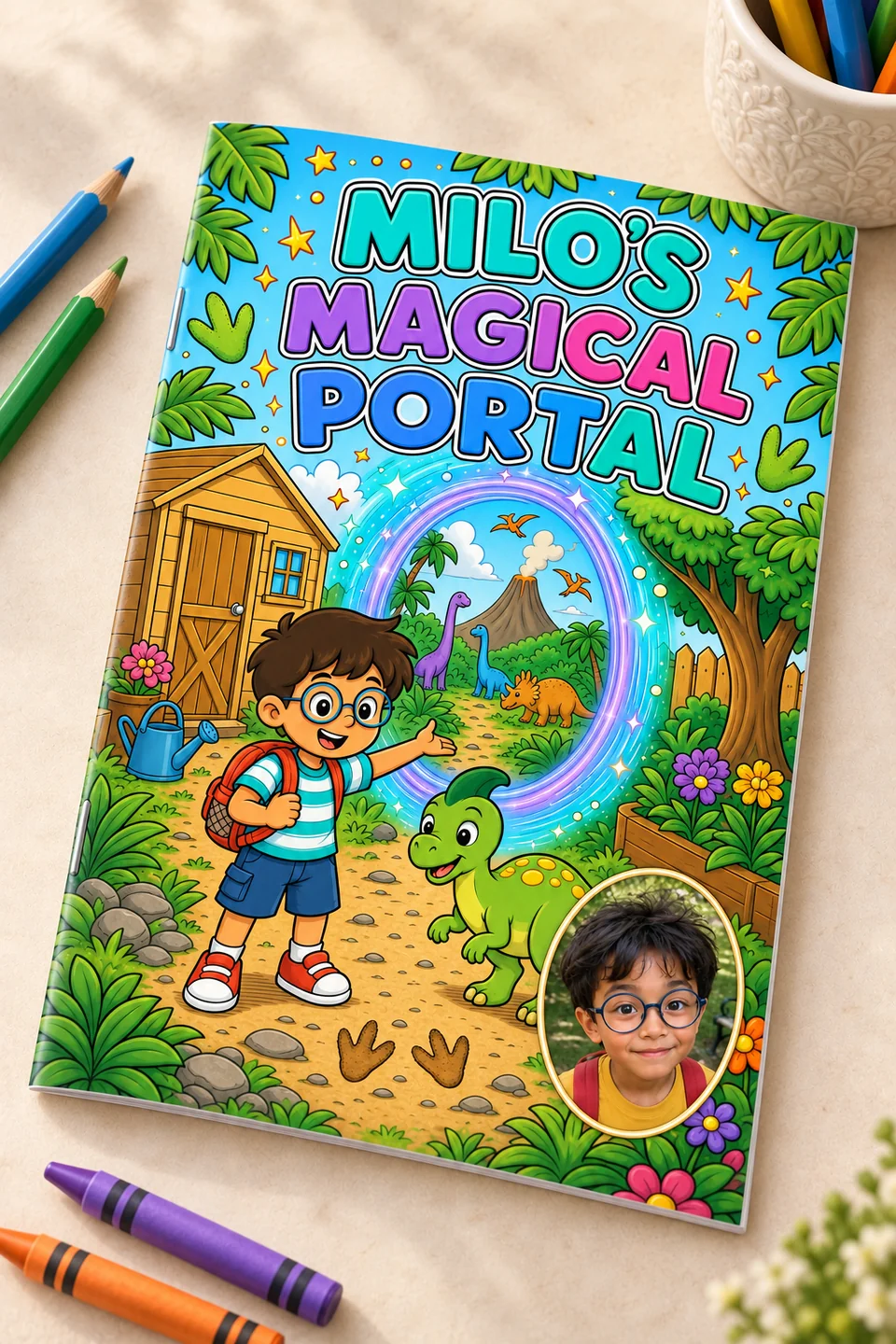 Portalul magic al lui Milo, cu fotografia copilului pe copertă