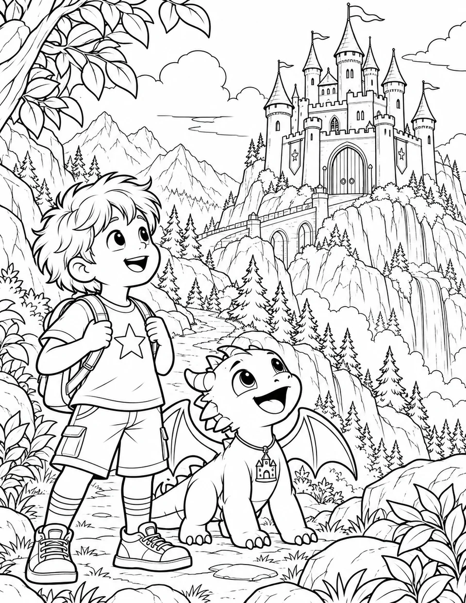 Pagină de colorat din interior: Băiatul și micul dragon descoperă un castel deasupra unei cascade.