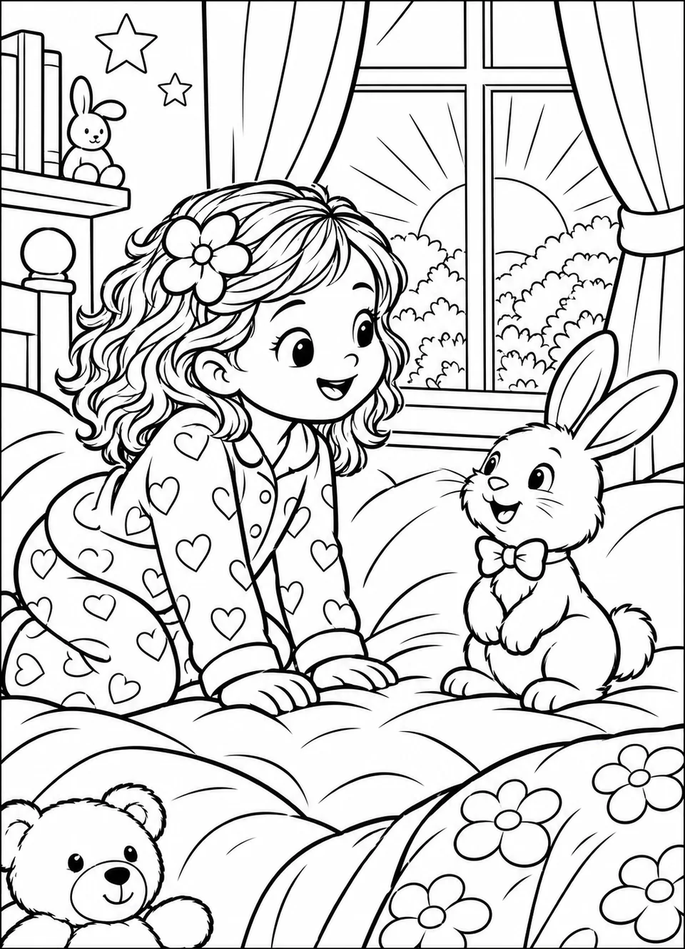 Pagină de colorat din interior: O fetiță în pijama întâlnește pe patul ei un iepuraș zâmbitor.