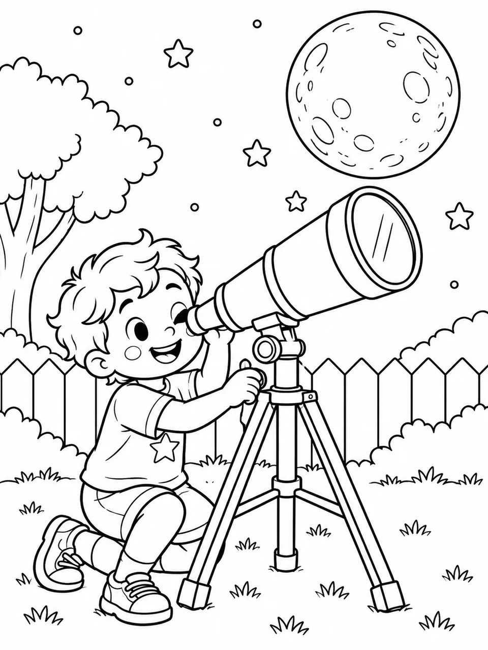 Pagină de colorat din interior: Un băiat privește Luna prin telescop.