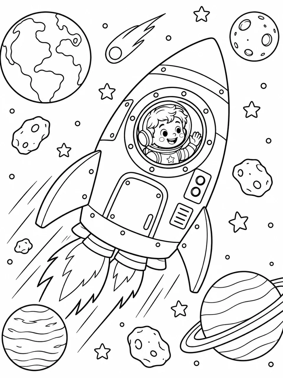 Pagină de colorat din interior: Un mic astronaut face cu mâna dintr-o rachetă înconjurată de stele și planete.