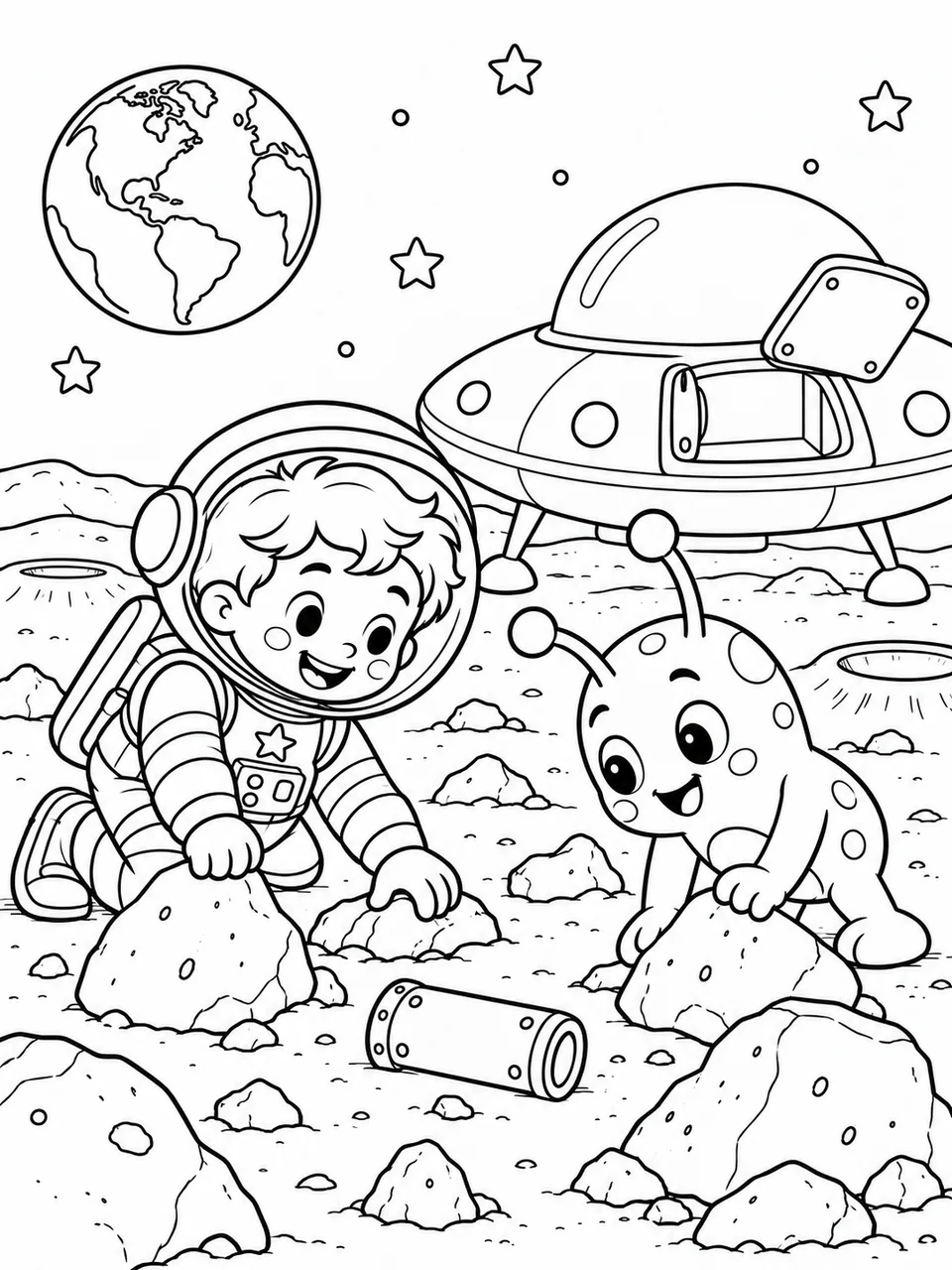 Pagină de colorat din interior: Astronautul și un extraterestru prietenos descoperă un obiect pe Lună.