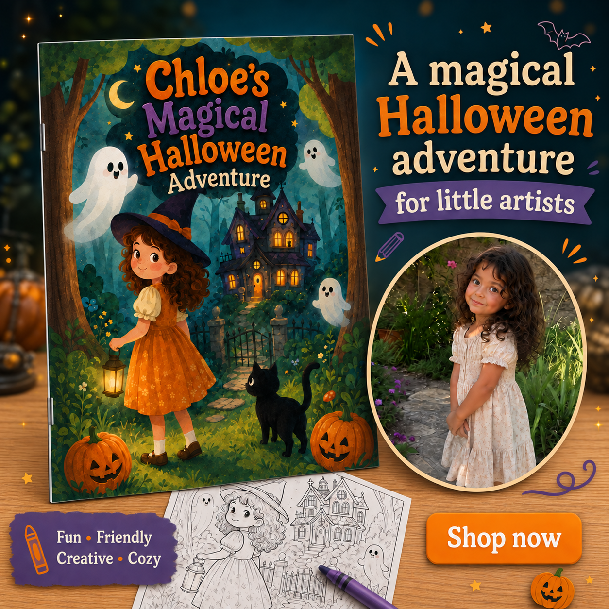 Chloe's Magical Halloween Adventure book beside a photo of Chloe and a coloring page
