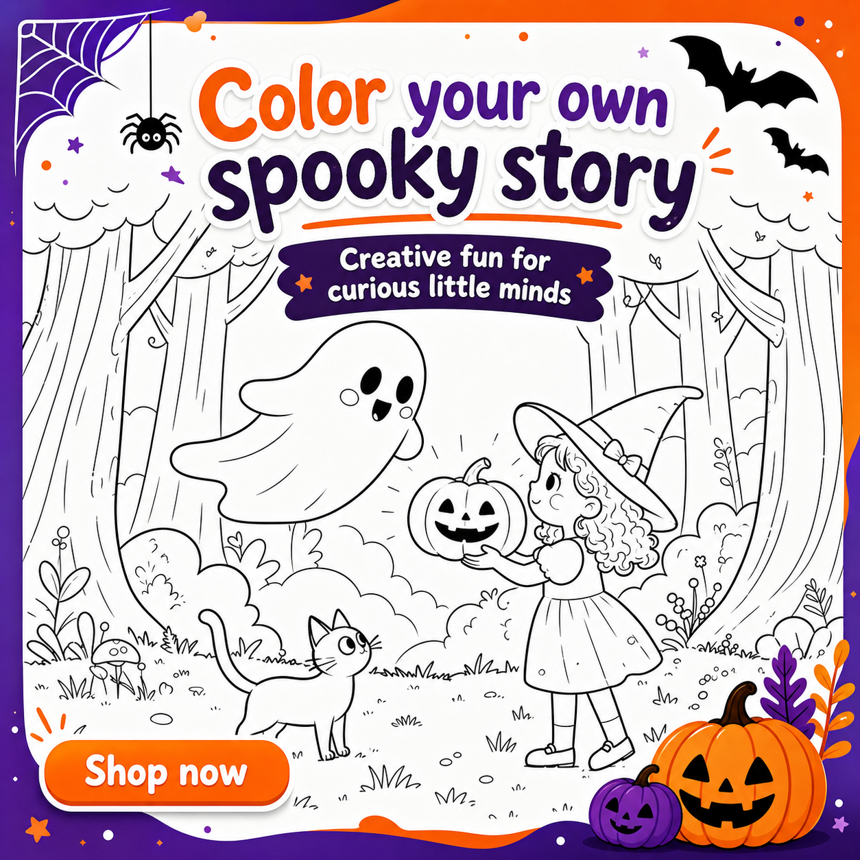 A spooky story coloring page with a friendly ghost, witch, cat, and pumpkins