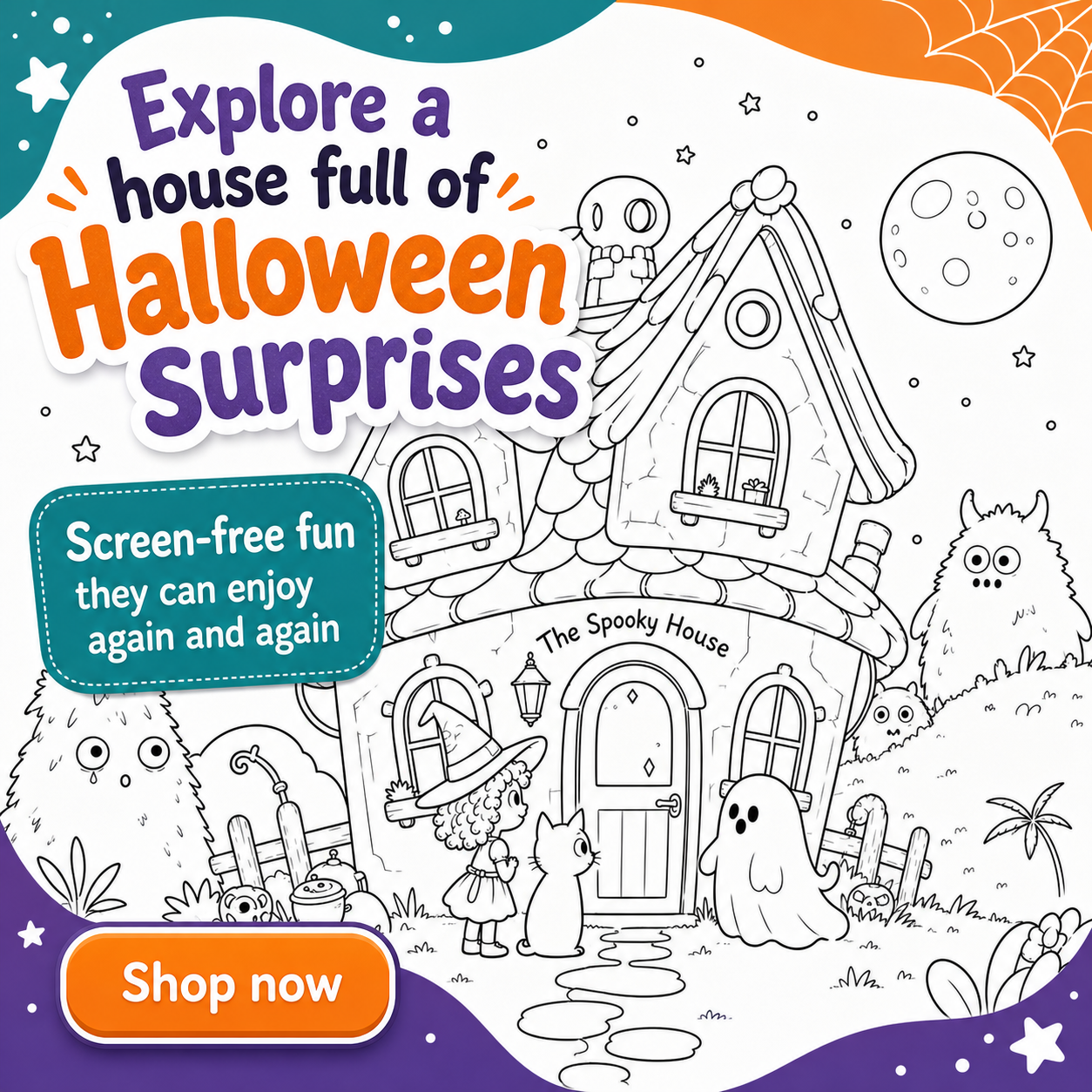 A Halloween surprise coloring page featuring a spooky house and friendly characters