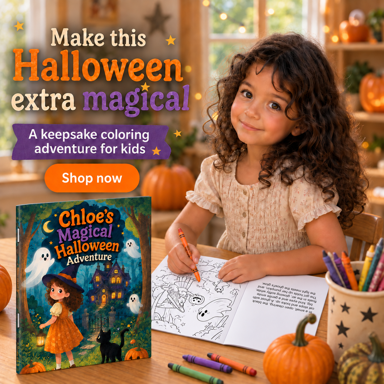 Chloe coloring her personalized Halloween adventure book