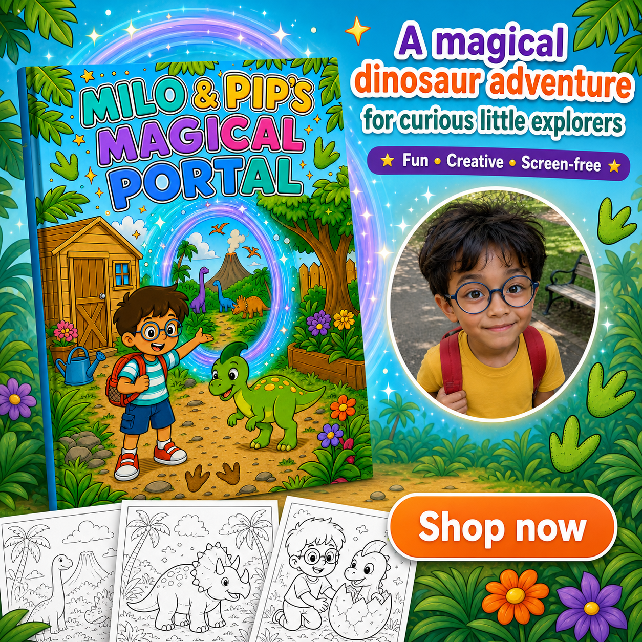 Milo and Pip's Magical Portal book beside a photo of Milo and dinosaur coloring pages