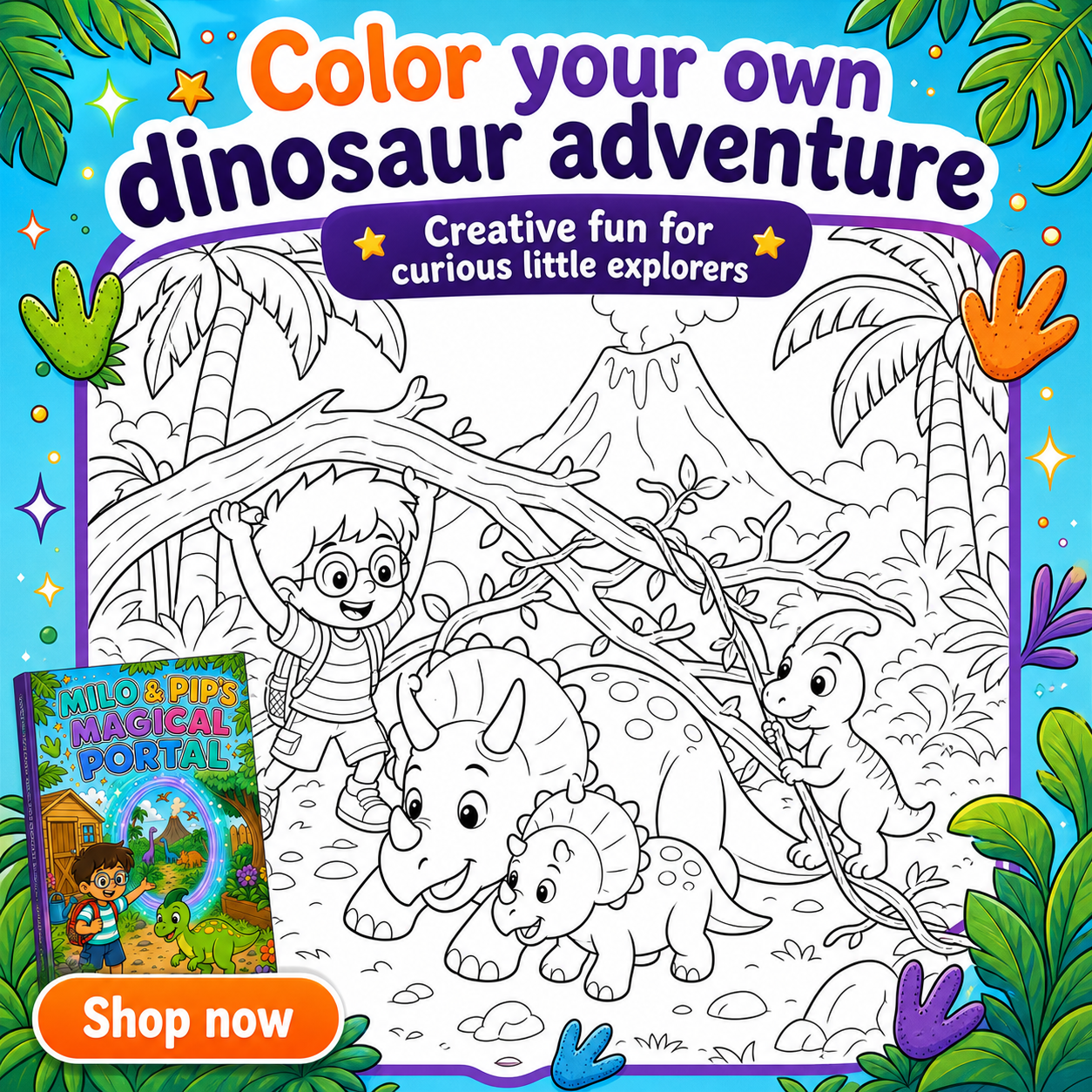A dinosaur adventure coloring page with Milo and a family of dinosaurs