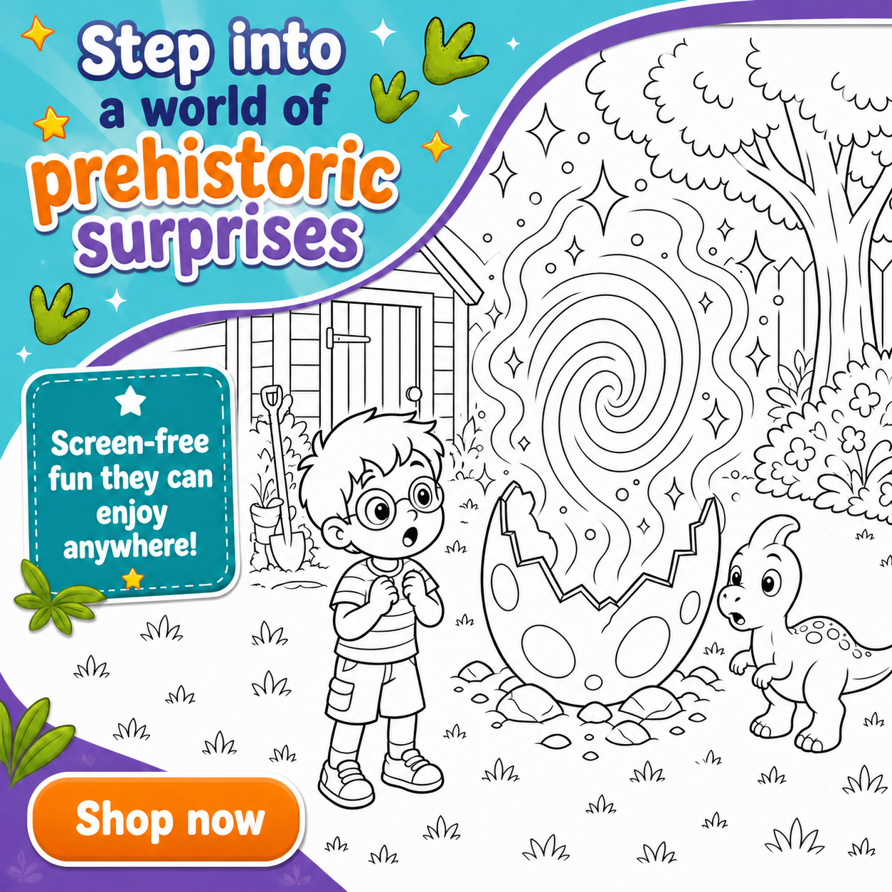 A prehistoric surprise coloring page with Milo, Pip, and a magical dinosaur egg