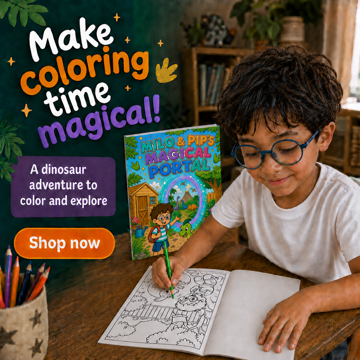 Milo coloring his personalized dinosaur adventure book
